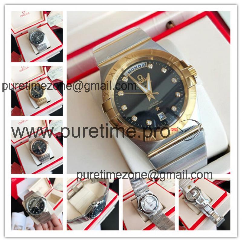 Replica Constellation Japan Miyota 8215 Automatic Mens Watch Black Dial Diamonds Case Two Tone Yellow Gold F E379