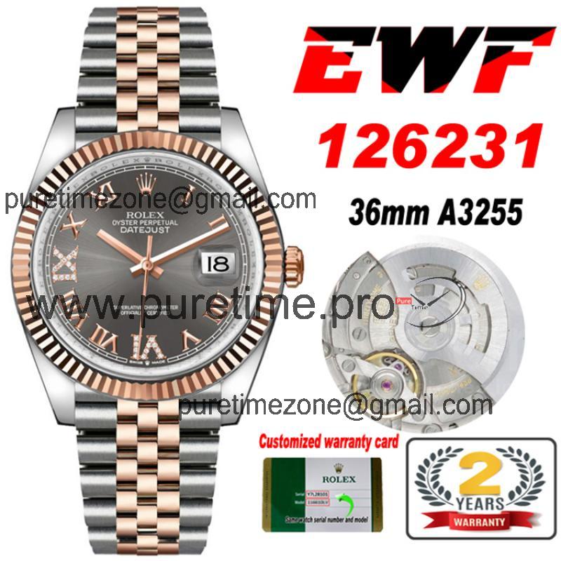 EWF Datejust 36 126233 A3235 Automatic Unisex Watch Two Tone RG Gray Roman Diamond 904L Jubilee Bracelet Best Edition