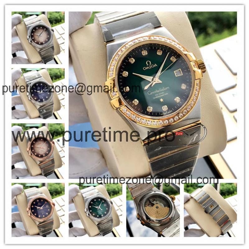 Replica Constellation A21j Automatic Movement Mens Watch Green Dial Diamonds Case Two Tone Yellow Gold E381