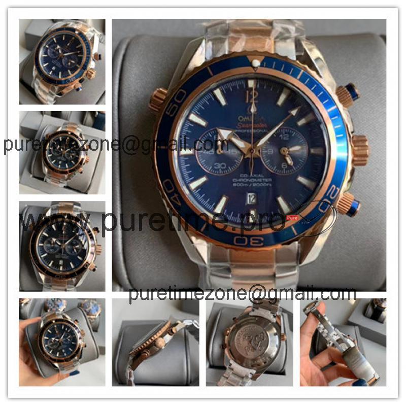 Replica Seamaster Japan Quartz Chronograph Movement Mens Watch Blue Dial Two Tone Rose Gold E385