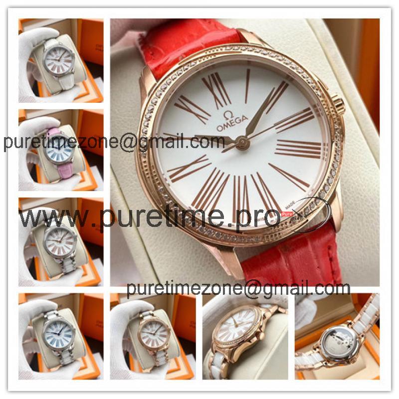 Replica Specialities Japan Miyota 8215 Automatic Womens Watch White Dial Diamonds Case Leather Strap E398