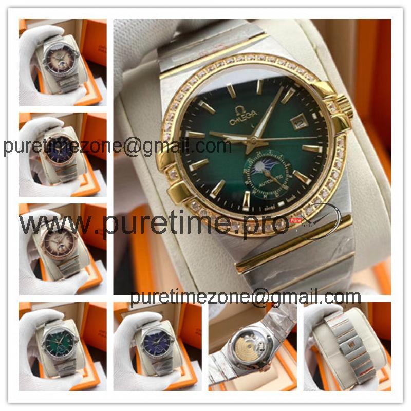 Replica Constellation A21j Automatic Movement Mens Watch Green Dial Diamonds Case Two Tone Yellow Gold E402