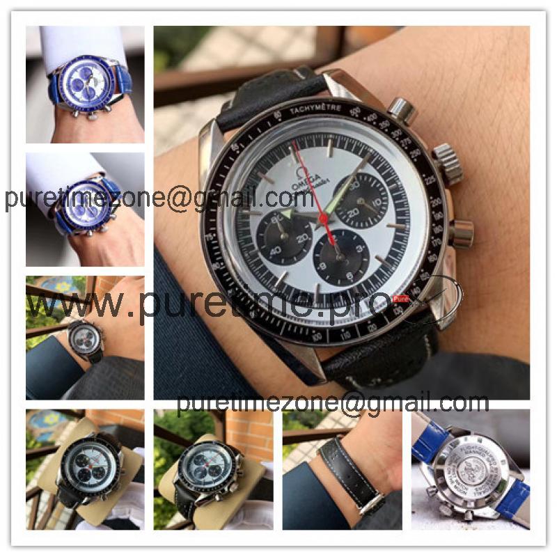 Replica Speedmaster Japan OS Quartz Chronograph Movement Mens Watch White Black Dial Leather Strap E403