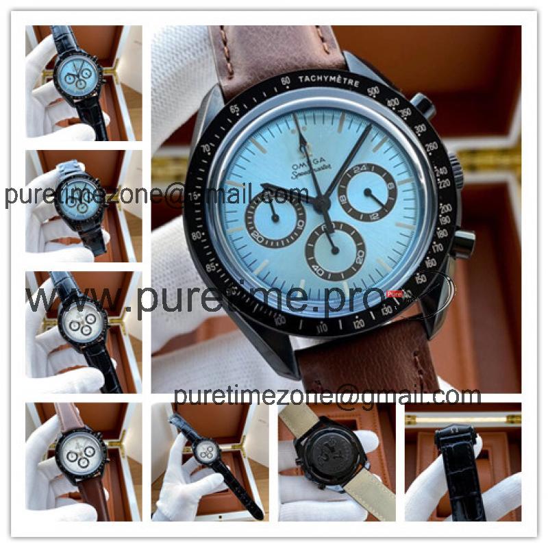 Replica Speedmaster Japan OS Quartz Chronograph Movement Mens Watch Ice Blue Dial Leather Strap E420