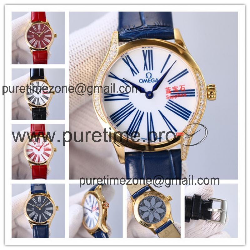 Replica De Ville Japan Quartz Movement Womens Watch White Dial Diamonds Case Leather Strap A E435