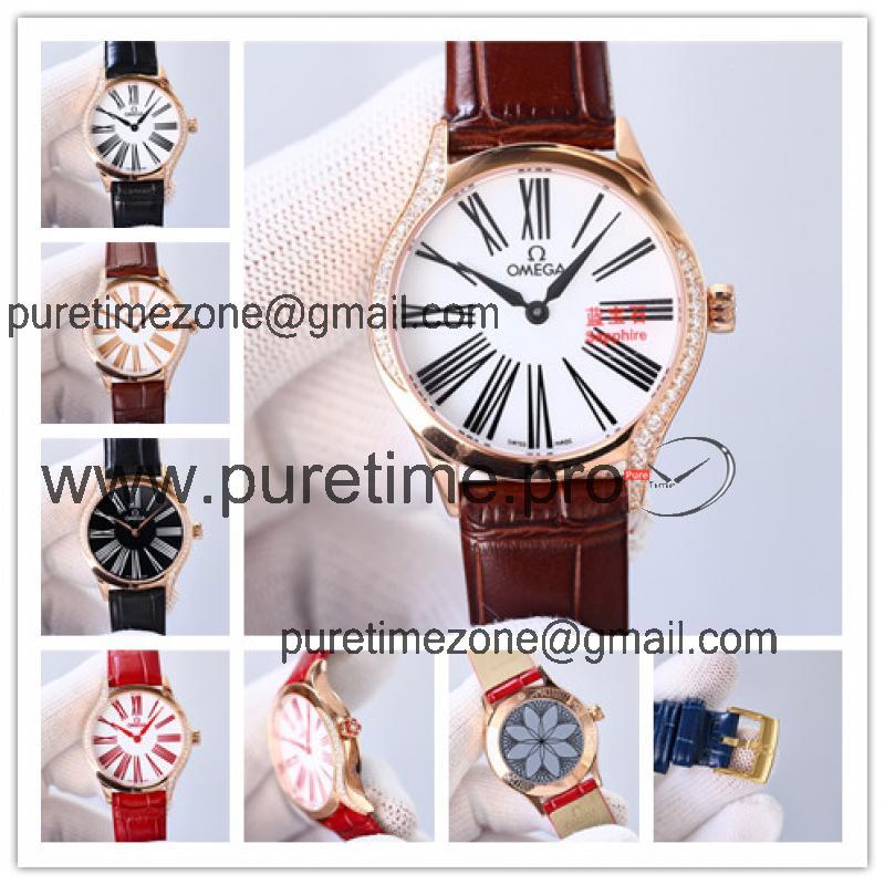 Replica De Ville Japan Quartz Movement Womens Watch White Dial Diamonds Case Leather Strap B E435