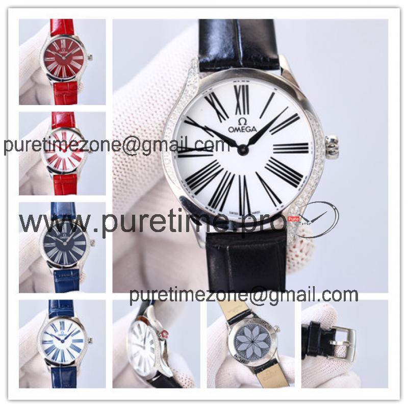 Replica De Ville Japan Quartz Movement Womens Watch White Dial Diamonds Case Leather Strap C E435