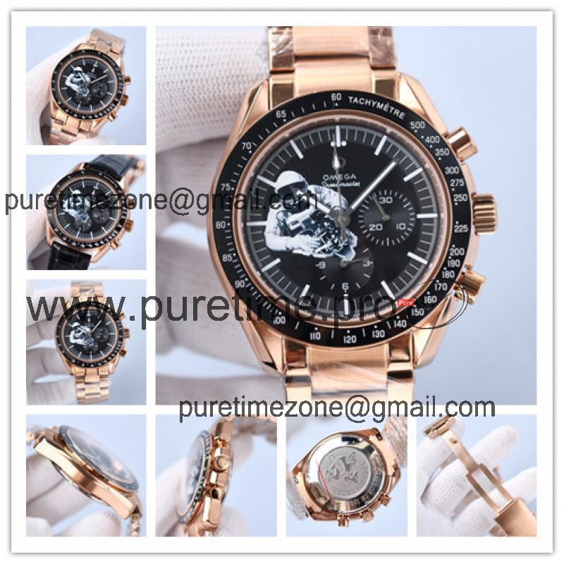 Replica Speedmaster Japan VK Quartz Chronograph Movement Mens Watch Black Dial Rose Gold B E436