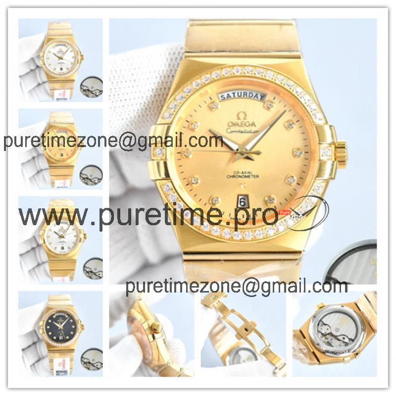 Replica Constellation Japan Miyota 8285 Automatic Mens Watch Gold Dial Diamonds Case Yellow Gold B E441