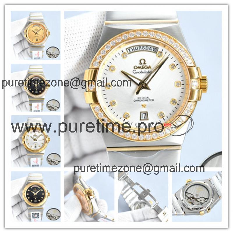 Replica Constellation Japan Miyota 8285 Automatic Mens Watch Silver Dial Diamonds Case Two Tone Yellow Gold D E441