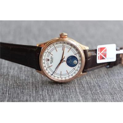 Cellini Moonphase 50535 A3195 Automatic Mens Watch Best Edition RG White Dial Brown Leather Strap