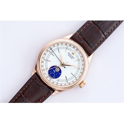 EWF Cellini Date 50535 Moon Phase A3195 Automatic Mens Watch 39mm RG White Dial  Brown Leather Strap Best Edition