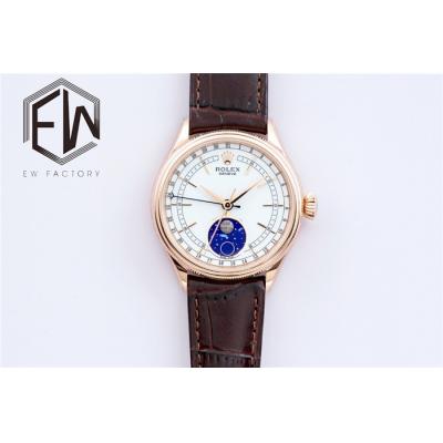 EWF Cellini Date 50535 Moon Phase A3195 Automatic Mens Watch 39mm RG White Dial  Brown Leather Strap Best Edition