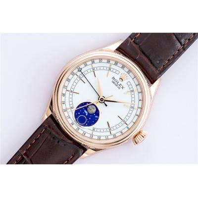 EWF Cellini Date 50535 Moon Phase A3195 Automatic Mens Watch 39mm RG White Dial  Brown Leather Strap Best Edition