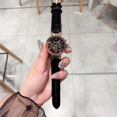 Replica Tambour Moon Japan Quartz Chronograph Movement Womens Watch Black Dial Leather Strap F03