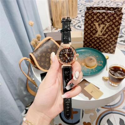 Replica Tambour Moon Swiss Quanrtz Movement Womens Watch Black Dial Leather Strap F05