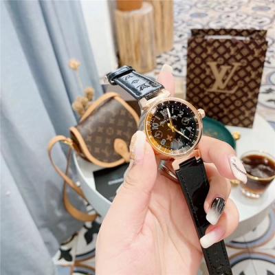 Replica Tambour Moon Swiss Quanrtz Movement Womens Watch Black Dial Leather Strap F05