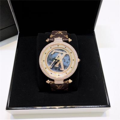 Replica Tambour Moon Swiss Quanrtz Movement Mens Watch Blue Dial Diamonds Case Leather Strap F09