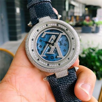 Replica Tambour Moon Swiss Quanrtz Movement Mens Watch Blue Dial Diamonds Case Leather Strap F10