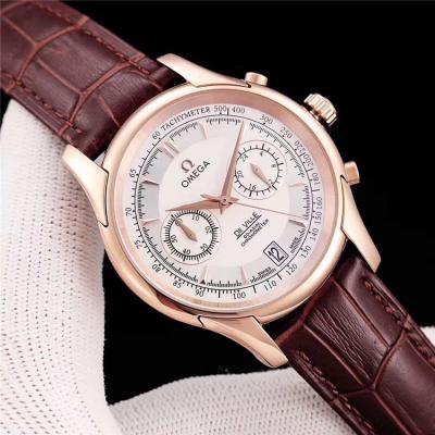 Replica De Ville Japan VK Quartz Chronograph Movement Mens Watch White Dial Leather Strap E06