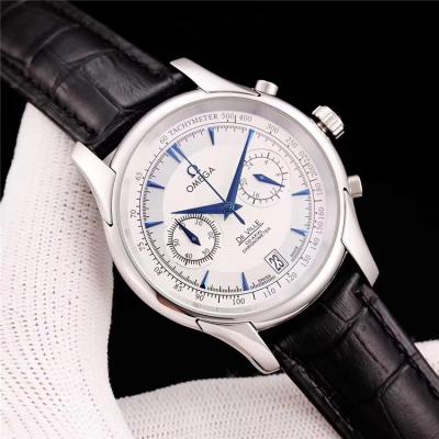 Replica De Ville Japan VK Quartz Chronograph Movement Mens Watch White Dial Leather Strap E06