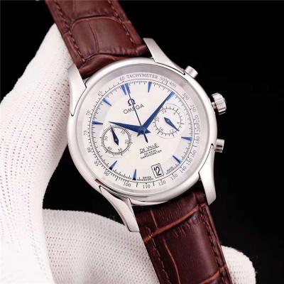 Replica De Ville Japan VK Quartz Chronograph Movement Mens Watch White Dial Leather Strap E06