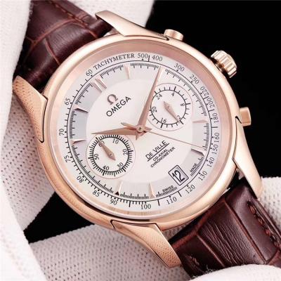 Replica De Ville Japan VK Quartz Chronograph Movement Mens Watch White Dial Leather Strap E06