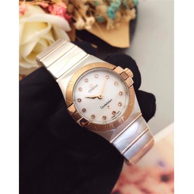 Replica Constellation Swiss Quartz Movement Womens Watch Silver Dial Diamonds Case Two Tone Rose Gold A E24