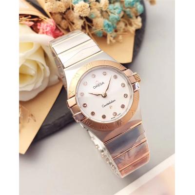 Replica Constellation Swiss Quartz Movement Womens Watch Silver Dial Diamonds Case Two Tone Rose Gold A E24