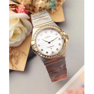 Replica Constellation Swiss Quartz Movement Womens Watch Gold Dial Two Tone Yellow Gold B E24