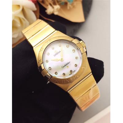 Replica Constellation Swiss Quartz Movement Womens Watch White Dial Yellow Gold C E24