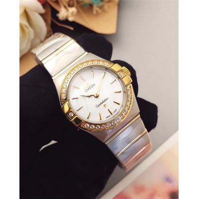 Replica Constellation Swiss Quartz Movement Womens Watch White Dial Diamonds Case Two Tone Rose Gold D E24