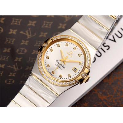 Replica Constellation A21j Automatic Mens Watch White Dial Diamonds Case Two Tone Yellow Gold A E62