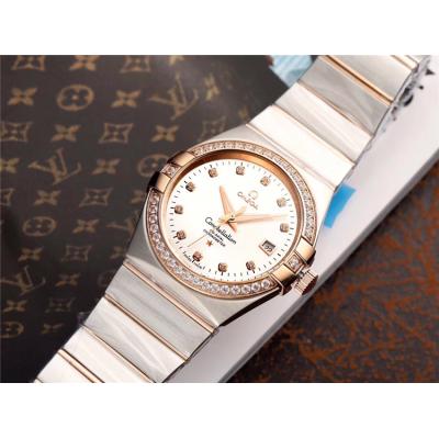 Replica Constellation A21j Automatic Mens Watch White Dial Diamonds Case Two Tone Yellow Gold A E62