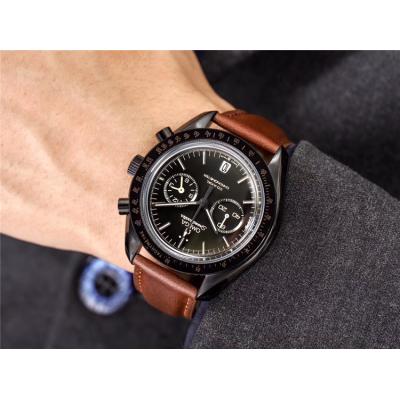 Replica Speedmaster Japan VK Quartz Chronograph Movement Mens Watch Black Dial Leather Strap E64