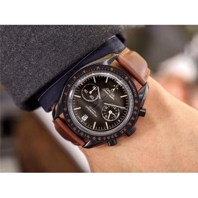 Replica Speedmaster Japan VK Quartz Chronograph Movement Mens Watch Black Dial Leather Strap E64