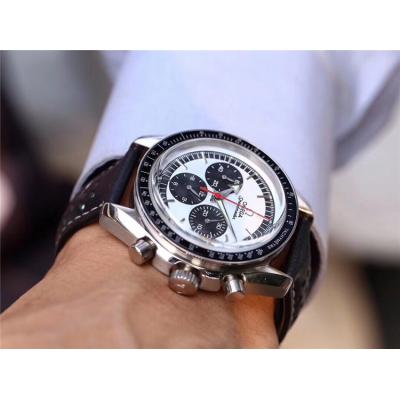 Replica Speedmaster Japan OS Quartz Chronograph Movement Mens Watch White Dial Leather Strap E67