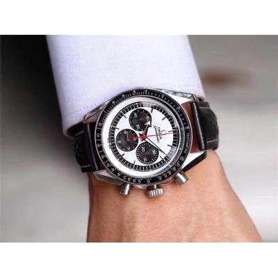 Replica Speedmaster Japan OS Quartz Chronograph Movement Mens Watch White Dial Leather Strap E67