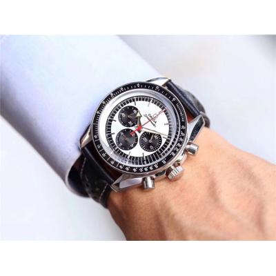 Replica Speedmaster Japan OS Quartz Chronograph Movement Mens Watch White Dial Leather Strap E67