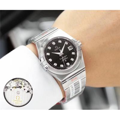 Replica Constellation Japan Miyota 821A Automatic Movement Mens Watch Black Dial Diamonds Case Stainless Steel A E74