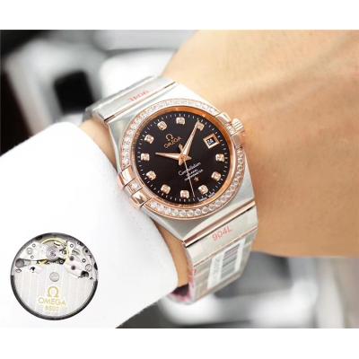 Replica Constellation Japan Miyota 821A Automatic Movement Mens Watch Black Dial Diamonds Case Stainless Steel A E74