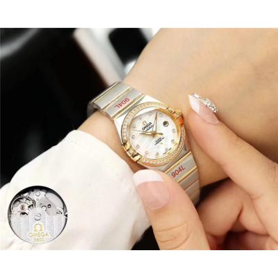 Replica Constellation NH05 Automatic Movement Womens Watch Silver Dial Diamonds Case Two Tone Yellow Gold B E74