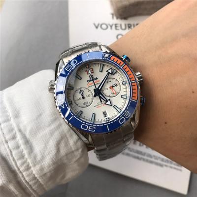 Replica Seamaster Japan Quartz Chronograph Movement Mens Watch White Dial Stainless Steel A E94