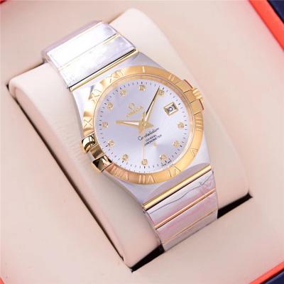 Replica Constellation A21j Automatic Movement Mens Watch Silver Dial Diamonds Case Two Tone Yellow Gold A E112