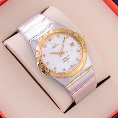 Replica Constellation A21j Automatic Movement Mens Watch Silver Dial Diamonds Case Two Tone Yellow Gold A E112