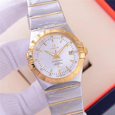 Replica Constellation A21j Automatic Movement Mens Watch Silver Dial Diamonds Case Two Tone Yellow Gold A E112