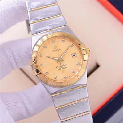 Replica Constellation A21j Automatic Movement Mens Watch Silver Dial Diamonds Case Two Tone Yellow Gold A E112