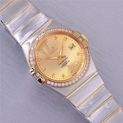 Replica Constellation A21j Automatic Movement Mens Watch Silver Dial Diamonds Case Two Tone Yellow Gold A E112