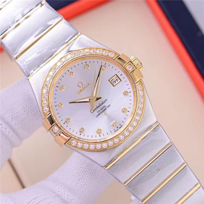 Replica Constellation A21j Automatic Movement Mens Watch Silver Dial Diamonds Case Two Tone Yellow Gold A E112