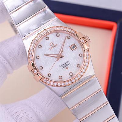 Replica Constellation A21j Automatic Movement Mens Watch White Dial Diamonds Case Two Tone Rose Gold B E112